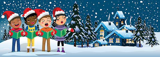 illustrations, cliparts, dessins animés et icônes de enfants multiculturels chapeau de noël chantant la bannière de chant de noël - caroler christmas music winter