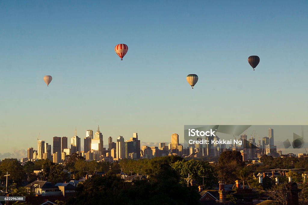 Hot air balloons over Melbourne Hot air balloons over Melbourne at sunrise.  Melbourne - Australia Stock Photo
