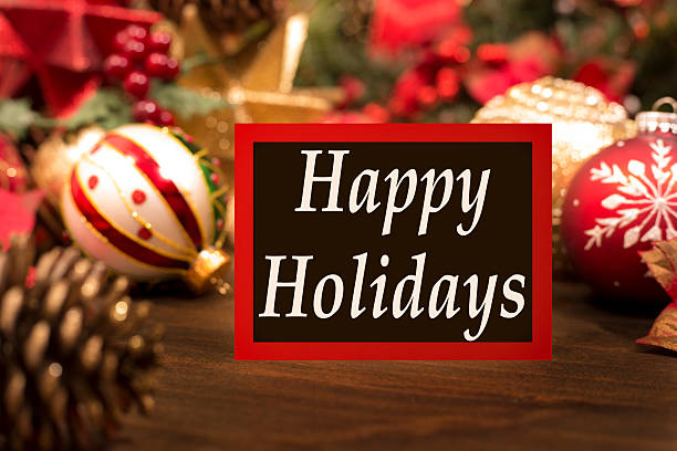istock Christmas ornaments, decorations with Happy Holidays greeting card. 622297164
