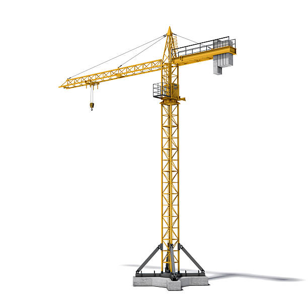 Rendering of yellow construction crane isolated on the white background. 3d rendering of a yellow construction crane, side view, isolated on the white background. House-building and reconstruction. Building machinery and construction equipment. Lifting equipment and transport. crane stock pictures, royalty-free photos & images
