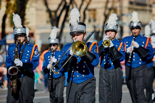 Prescott, Arizona, United States - November 11, 2016: Students in the Chino Valley High School Marching Band participating in the Veterans Day Parade