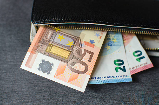 leather wallet with money euro - ações de bolsa imagens e fotografias de stock