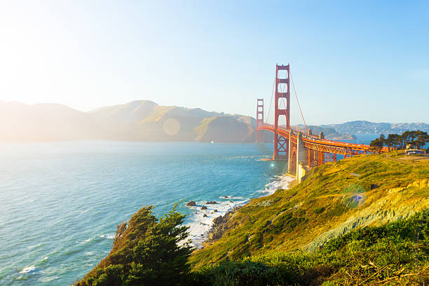 golden gate bridge high key sunlight fort point - fort point historic site photos et images de collection