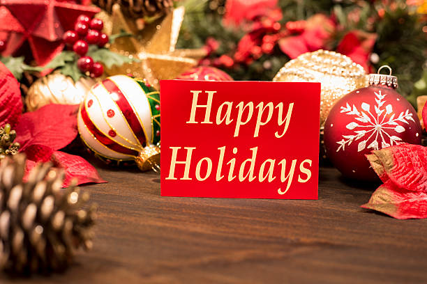istock Christmas ornaments, decorations with Happy Holidays greeting card. 622307228