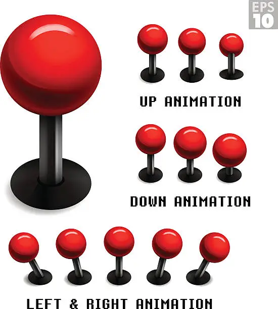 Vector illustration of Classic red arcade game joystick with animated stills movements.