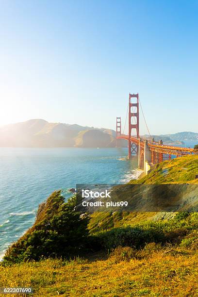 Golden Gate Bridge Marin Sunset Fort Point Coast V Stock Photo - Download Image Now - California, Coastline, Vertical