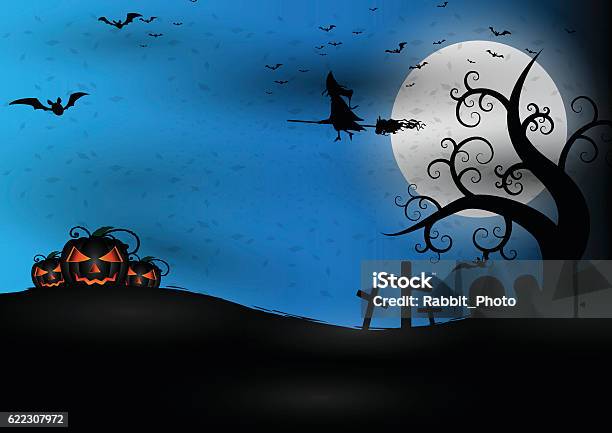 Halloween Background Dark Cemetery With Pumpkins Head Stock Illustration - Download Image Now