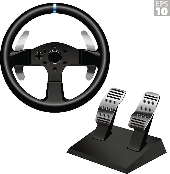 Vector illustration of Racing Steering Wheel With Metal Paddle Shifters And Pedal Set