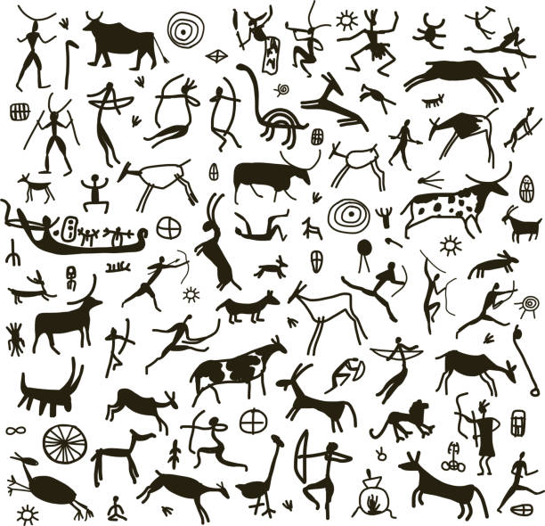 ilustraciones, imágenes clip art, dibujos animados e iconos de stock de rock pintura, bocetos para su diseño  - caveman ancient cave painting prehistoric era