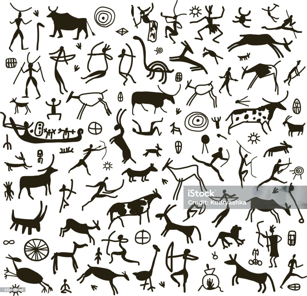 Rock paintings, sketch for your design Rock paintings, sketch for your design. Vector illustration Cave Painting stock vector