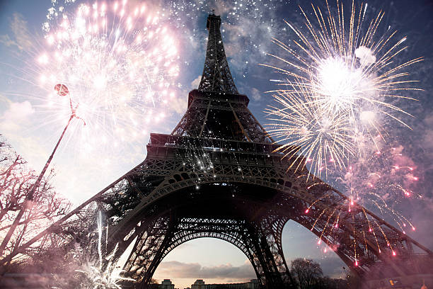 Eiffel tower with fireworks stock photo
