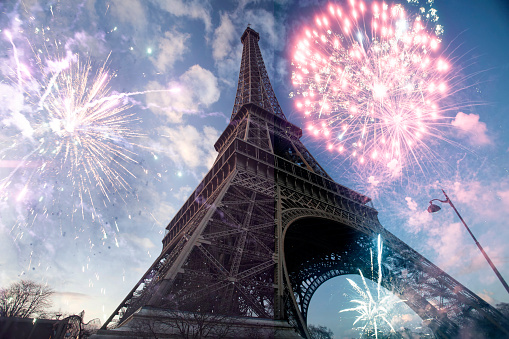 Abstract background of Eiffel tower with fireworks, Paris, France - New Year