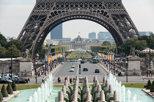 Paris, France - September 9, 2014: Eiffel Tower seen from fountain at Jardins du Trocadero. Paris, France.
