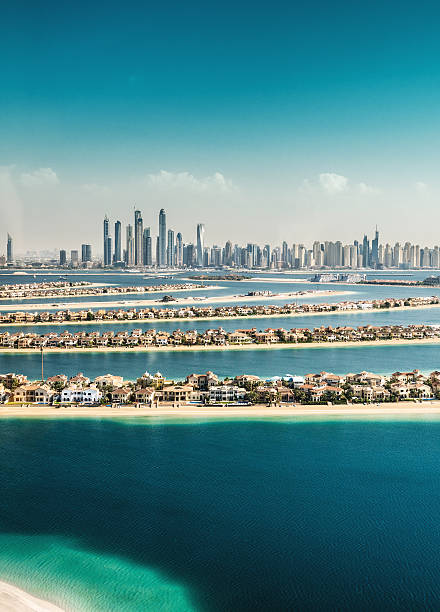 the palm jumeirah in Dubai with skyline the palm jumeirah in Dubai with skyline jumeirah stock pictures, royalty-free photos & images