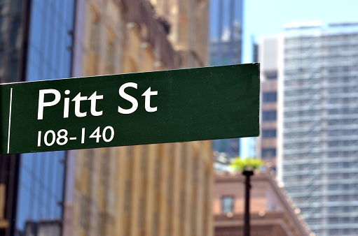 Street sign of Pitt Street in Sydney New South Wales, Australia