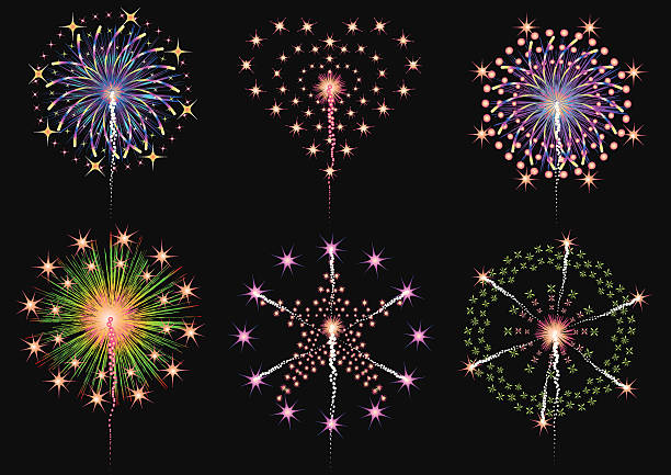 illustrazioni stock, clip art, cartoni animati e icone di tendenza di set vettoriale raccolta fuochi d'artificio - firework display pyrotechnics exploding star