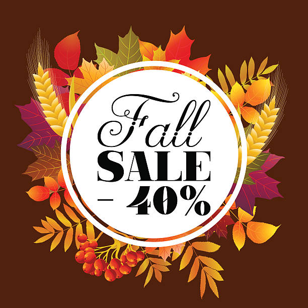 -40% fall sale round banner. -40% fall sale round banner. Vector illustration, discount offer with autumn season red, yellow, orange maple leaves, mountain ash berries, branches, leaves background. 40 off stock illustrations