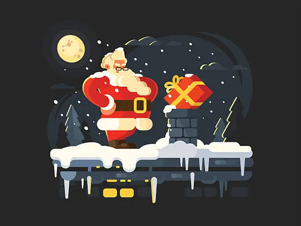 Vector illustration of Santa Claus on roof