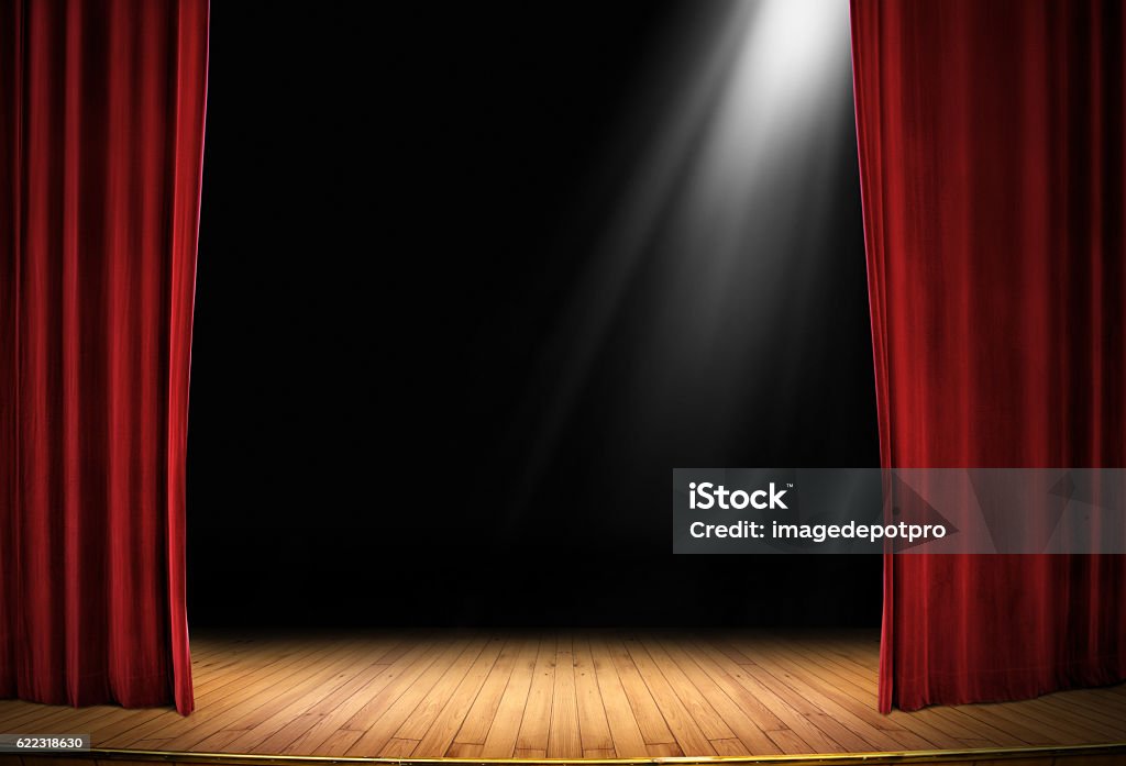 show time close up stage with red curtain and lights over black background Stage - Performance Space Stock Photo