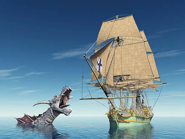 Computer generated 3D illustration with sea monster and sailing ship