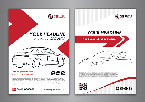 A5, A4 service car business layout templates. Auto repair Brochure templates, automobile magazine cover, abstract arrow Modern Backgrounds. Vector illustration.