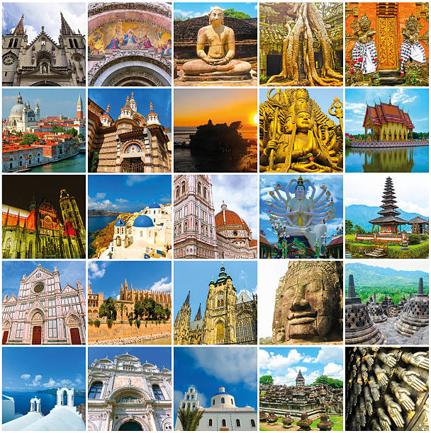 World Monuments Collage World Monuments Collage - from different religions from Bali, Thailand, Cambodia at Asia and Florens, Spain, Santorini, Venice in Europe holy site stock pictures, royalty-free photos & images