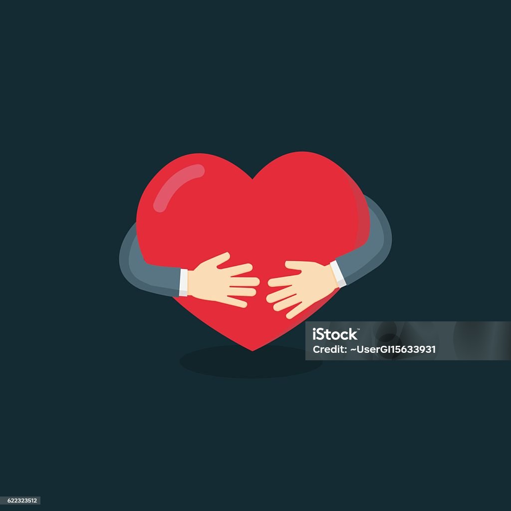 Hug The Love Shape Vector, Hug Your Self Love Your Self. men hand hung the red love shape  Heart Shape stock vector