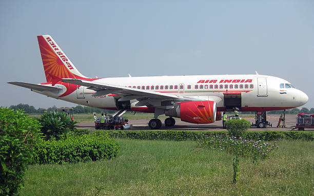 Varanasi, Uttar Pradesh, India - October 10, 2011: Airplane of Air India Airline unloading luggage in the airport of Varanasi.