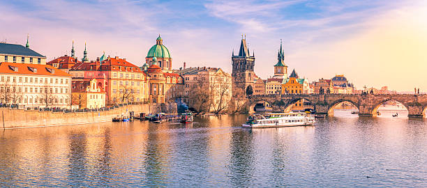 istock Prague panorama with its river and buildings 622323828