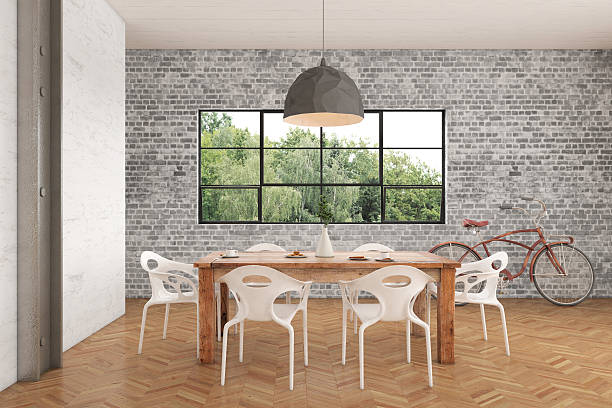 istock Wooden dining table with chairs close up 622323988