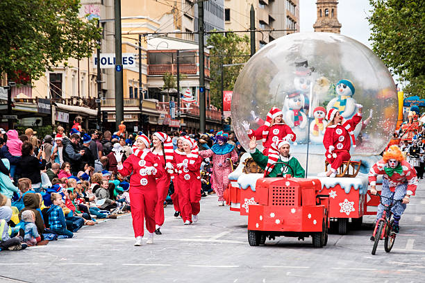 Adelaide, Australia - November 12, 2016: More than 250.000 came to the city centre to see 172 colourful sets of floats, bands, dancers, clowns and Father Christmas. The Credit Union Christmas Pageant is one of the biggest events in South Australia