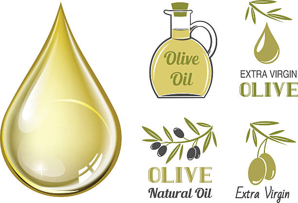 illustrazioni stock, clip art, cartoni animati e icone di tendenza di goccia vettoriale realistica di olio d'oliva e set di etichette di olive - olive tree oil industry cooking oil