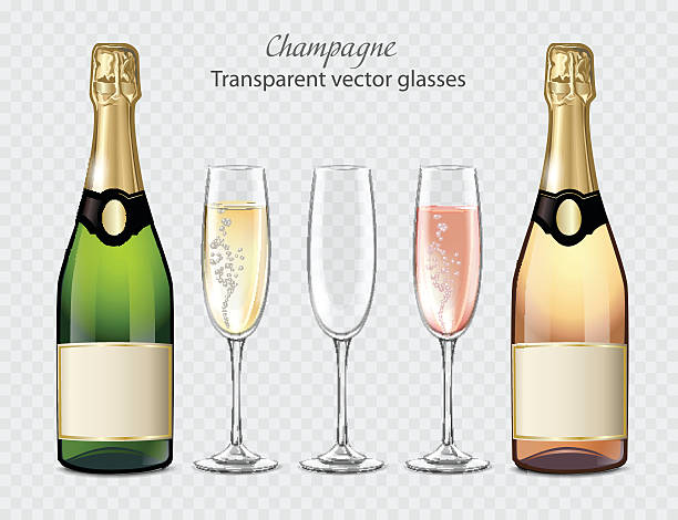 прозрачные векторные бокалы и бутылки шампанского и пустого стекла - champagne pink bottle isolated stock illustrations