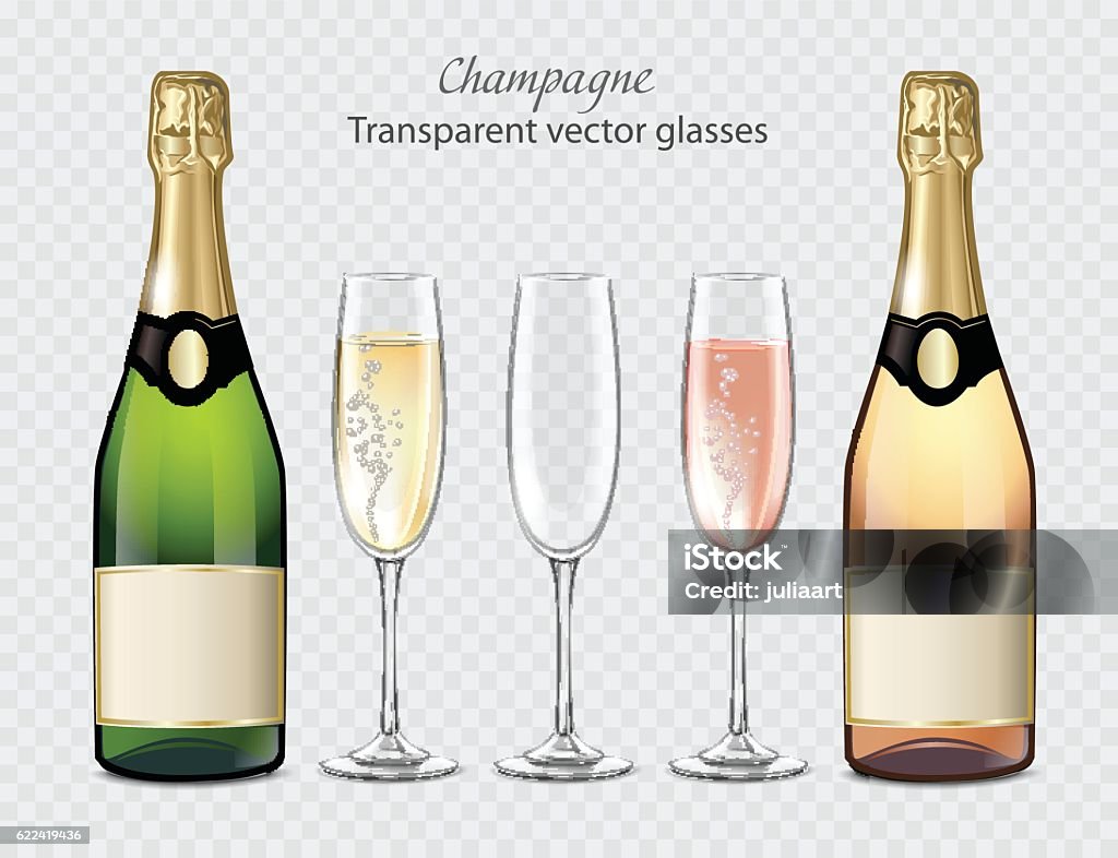 Transparent vector glasses and bottles of champagne and empty glass Champagne stock vector