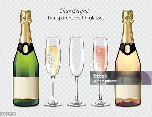 Transparent Vector Glasses And Bottles Of Champagne And Empty Glass Stock Illustration - Download Image Now