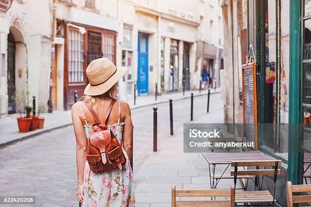 Woman Tourist On The Street Traveling In Europe Stock Photo - Download Image Now - Women, City, One Woman Only