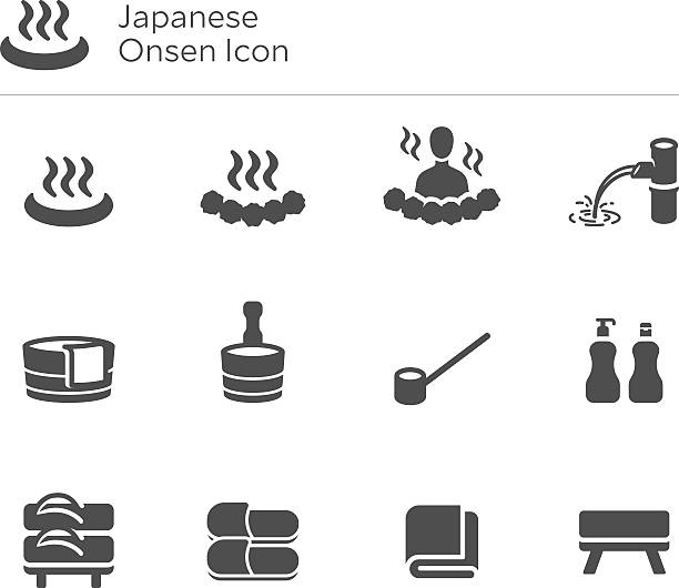 ilustraciones, imágenes clip art, dibujos animados e iconos de stock de onsen japón japonés hot spring vector icono set - baños térmicos