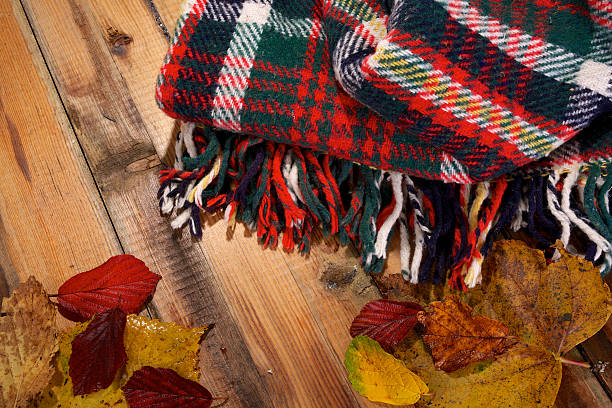 istock Cozy warm plaid on wooden floor 622421402
