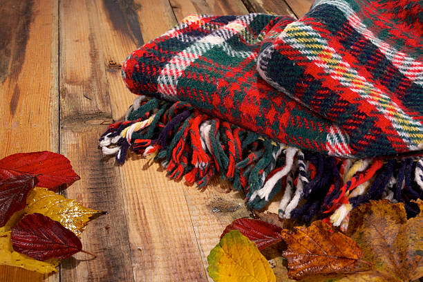 istock Cozy warm plaid on wooden floor 622421784