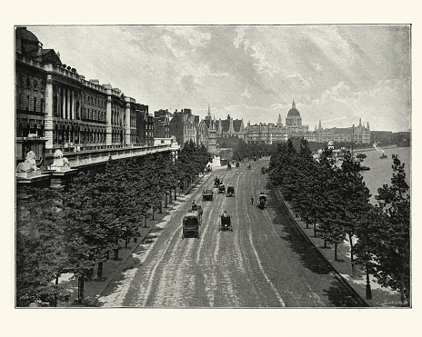 Vintage photograph of Victorian London, Victoria Embankment, from Waterloo Bridge, 1896. Victoria Embankment is part of the Thames Embankment, a road and river-walk along the north bank of the River Thames in London. It runs from the Palace of Westminster to Blackfriars Bridge in the City of London.