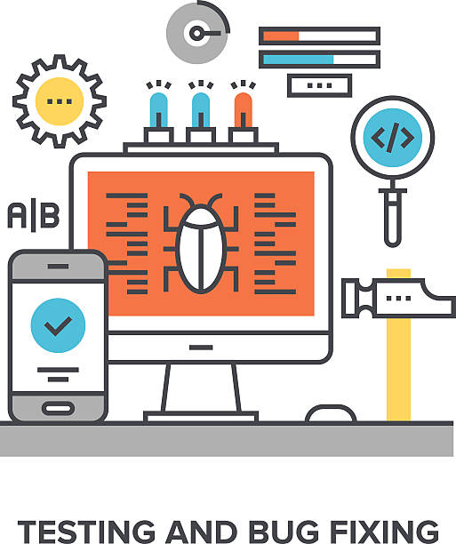 testing and bug fixing Vector illustration of testing and bug fixing flat line design concept. debug stock illustrations
