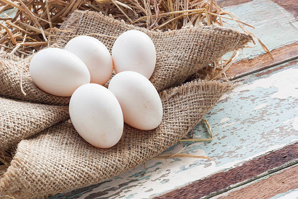 ヴィンテージの木製の背景に有機白い卵。 - agriculture brown burlap cholesterol ストックフォトと画像