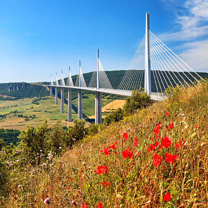 Millau, France - June 12, 2014: Morning shot of Millau Viaduct, a cable-stayed bridge that spans the valley of the River Tarn near Millau in Southern France.