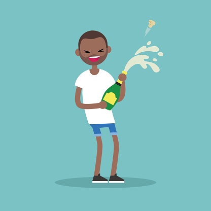 Young black man opening a bottle of champagne and having fun. Opened champagne sprayed / flat editable vector illustration