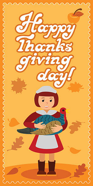 아이 잎과 축하 편지와 해피 추수 감사절 카드 - thanksgiving pilgrim turkey little girls stock illustrations