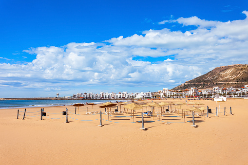 Agadir main beach in Agadir city, Morocco. Agadir is a major city in Morocco located on the shore of the Atlantic Ocean.