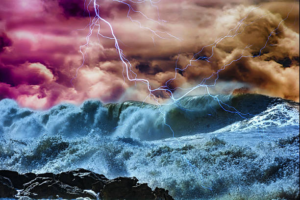 istock Image of night stormy sea with big waves and lightning 622429688