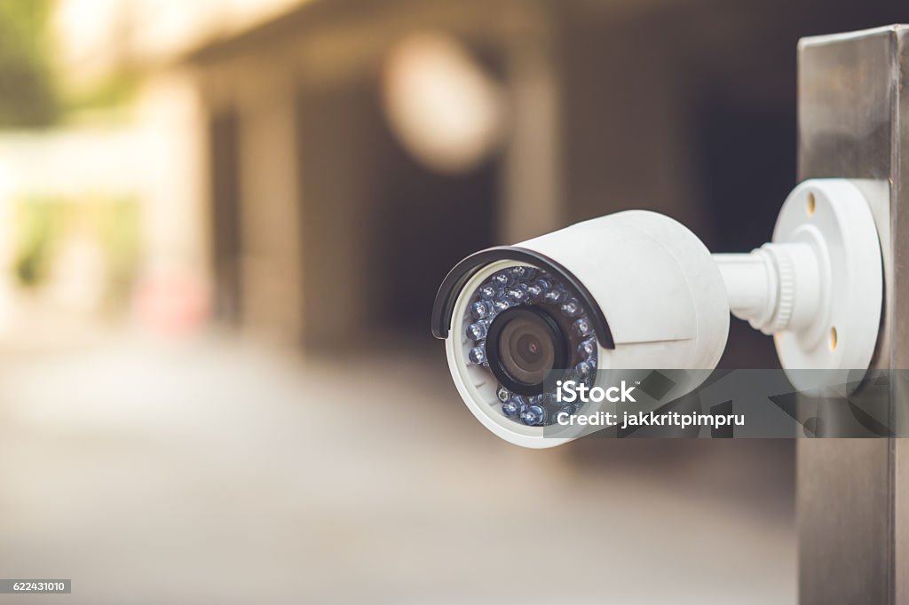 White cctv outside the building, security system White cctv outside the building, security system with vintage color tone Security Camera Stock Photo