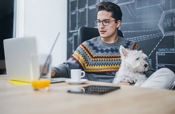 istock Man working in the office and holding his liitle dog. 622433044