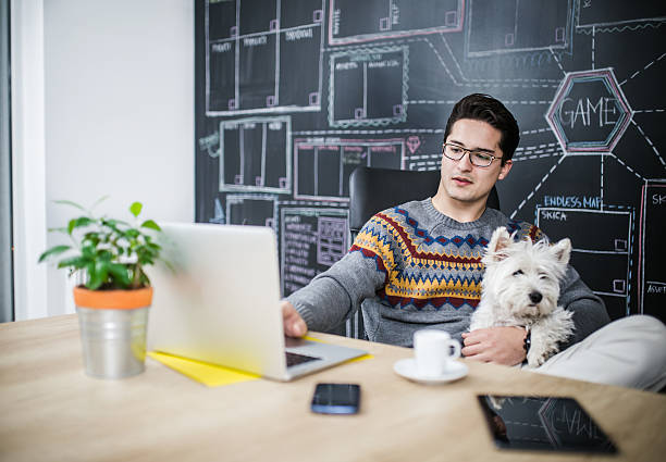 istock Man working in the office and holding his liitle dog. 622433336